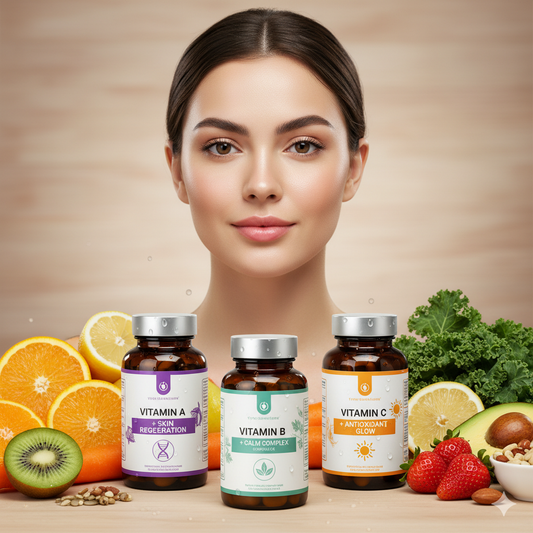 A beautiful woman with clear, radiant skin smiles serenely at the camera, her face perfectly framed by soft, neutral-toned lighting. In front of her on a wooden table are three supplement bottles labeled "Vitamin A," "Vitamin B," and "Vitamin C."